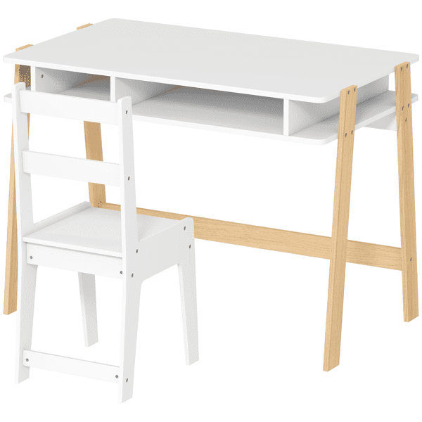 Kids Desk and Chair Set, MDF & Pine Wood, 4 Storage Compartments, Ergonomic Posture Support, 3-12 Years