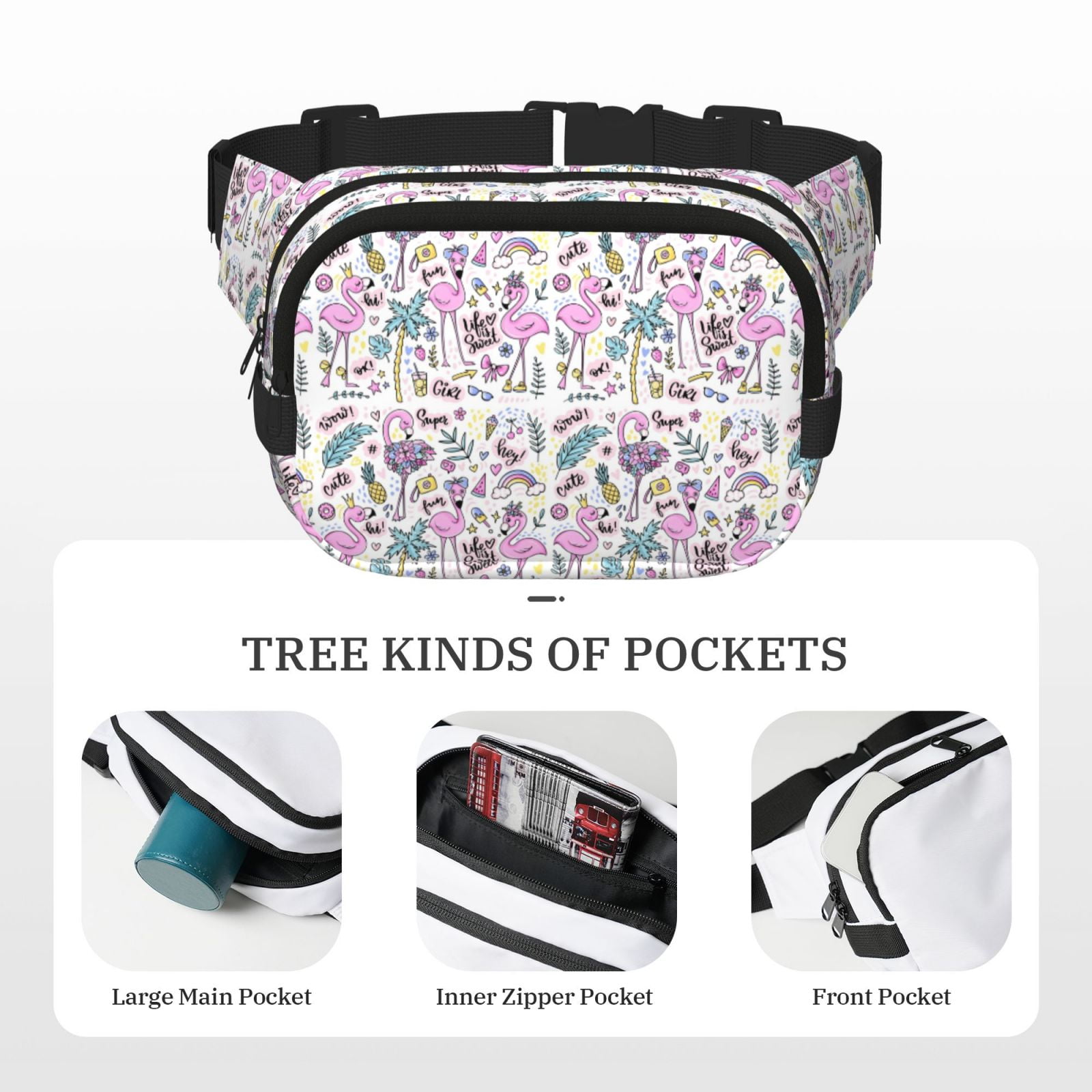 Picia Summer with Flamingo Print Square Double-Layer Waist Bag Mini Adjustable Waist Belt Bag Exercise Running Travel Hiking