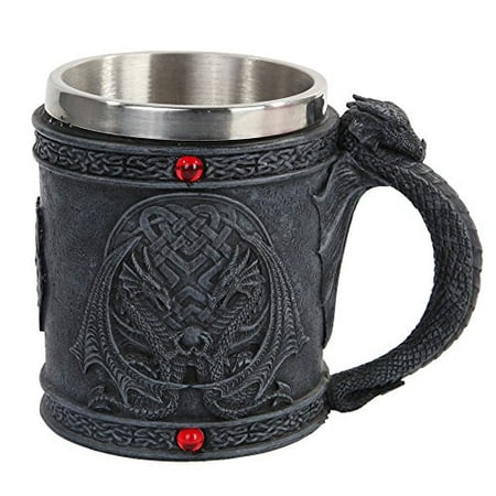 

Celtic Dual Winged Dragon Mug Chalice Resin Body Stainless Steel Faux Stone