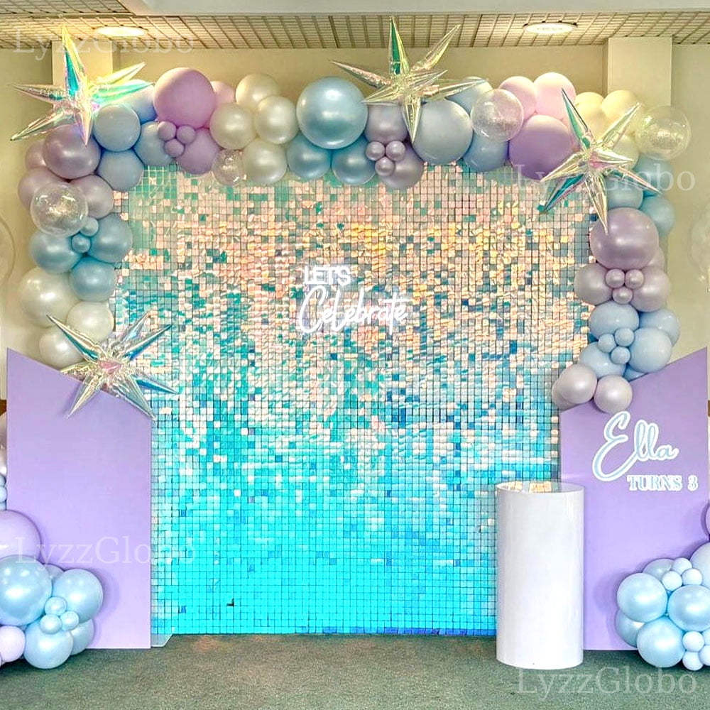 30PCS Iridescent Blue Sequins Wall Panels 6x5FT Holographic Laser Blue Shimmer Backdrop Panel for Birthday Baby Shower Wedding Decor