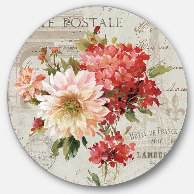 Designart « Fleurs Peintes Rouges sur Carte Postale Vintage III » Art Mural Rond en Métal Style Ferme - Disque de 36
