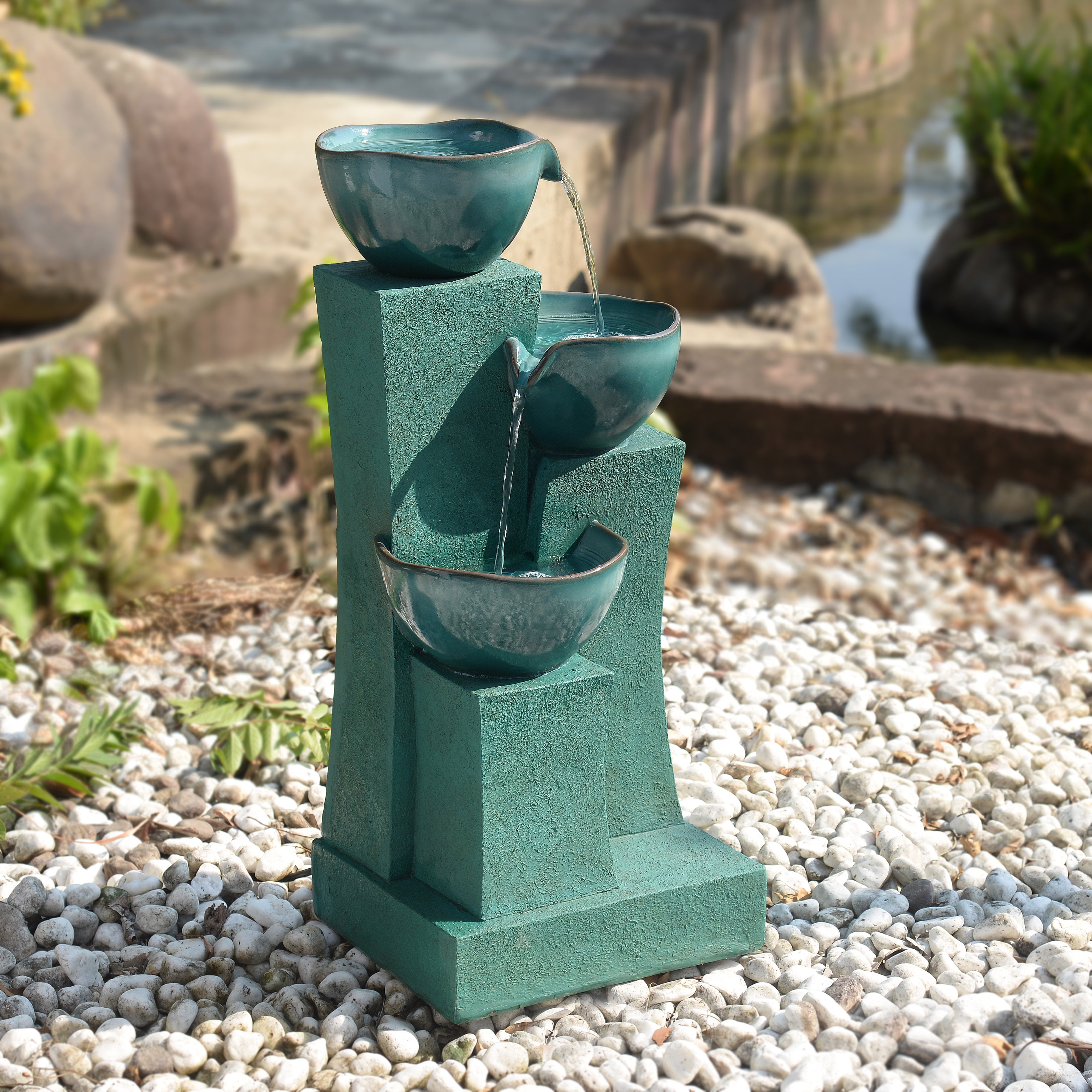 Teamson Home 3-Tier Cascading Outdoor Water Fountain with LED Lights, Green