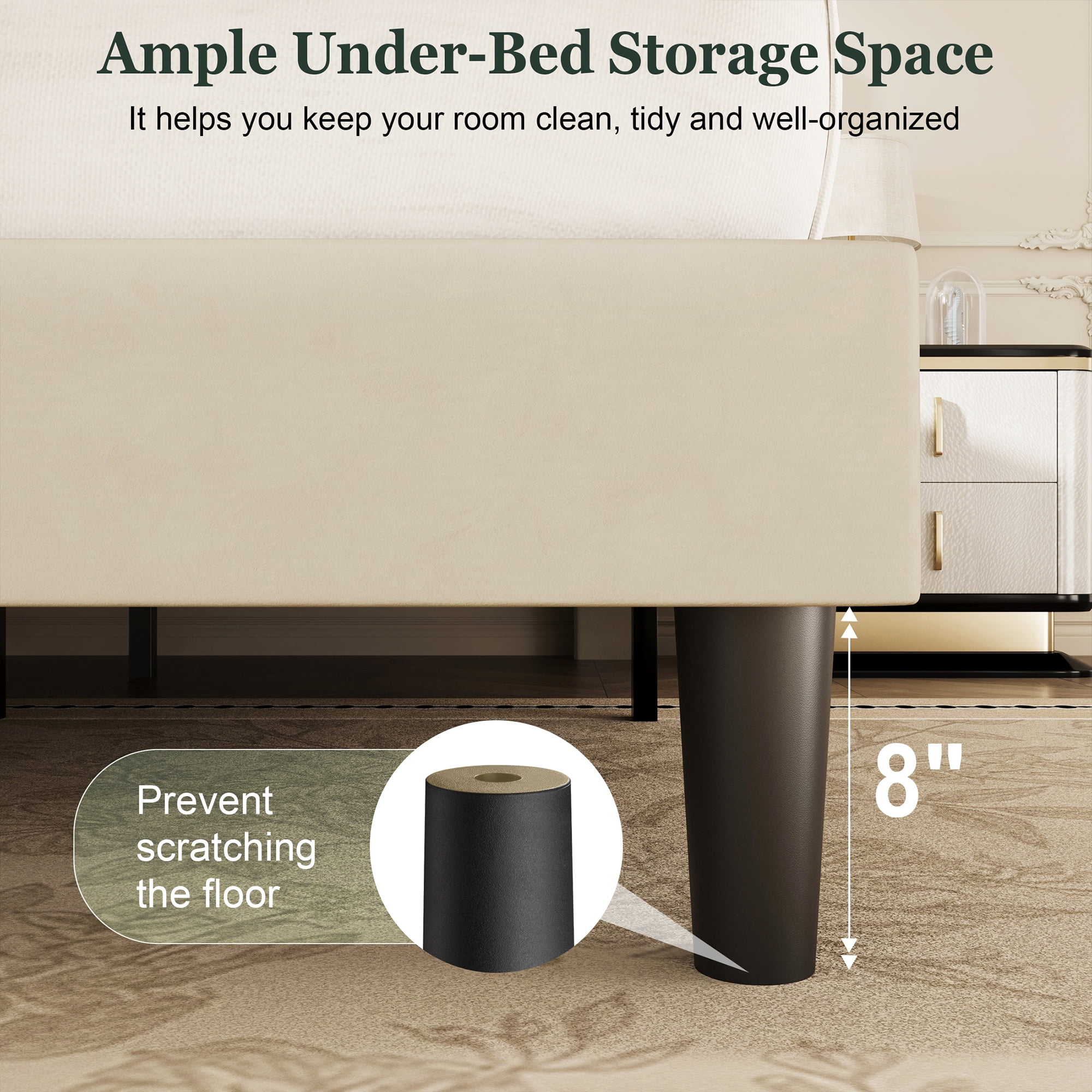 Amolife Queen Bed Frame, Platform Bed Frame with Upholstered Adjustable Headboard, Cream White, Velvet