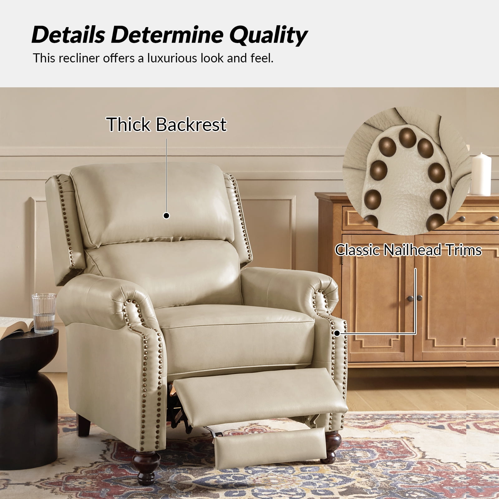 Mid-century Genuine Leather Pushback Recliner Chair with Nailhead Trim Set of 2 Beige