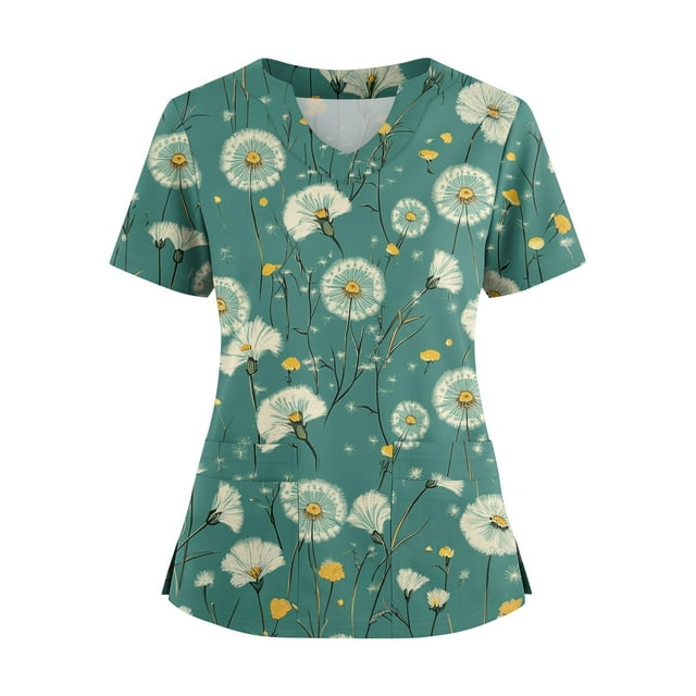 Ktyne Tuniques de Sarrau pour Femmes Col en V Tuniques Médicales à Manches Courtes Extensibles Tenue de Travail Infirmière Tuniques Mode avec Poches Vert Armée TTTG