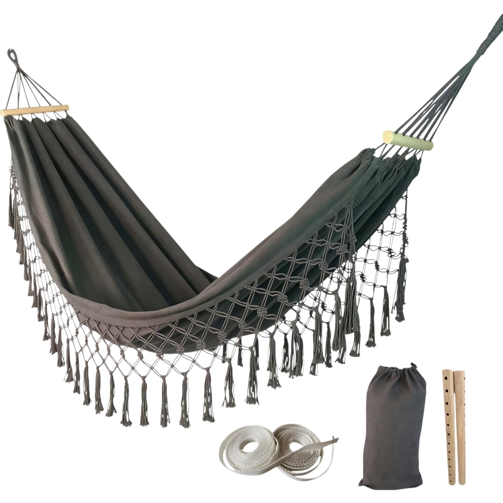 Double Camping Hammock, Anti Tip Fringe Tassel Canvas Bed, Heavy Duty Outdoor Swing, Portable Garden Hammock for Backyard Patio Porch Home Travel Use