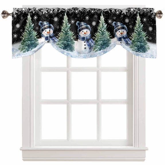 Fsddascl Black Snowman Christmas Tie Up Valance Curtains for Windows, Kitchen Curtains Window Treatments, Snowflake Green Xmas Tree Short Window Shades Valances for Bedroom Bathroom Cafe 54"x18"