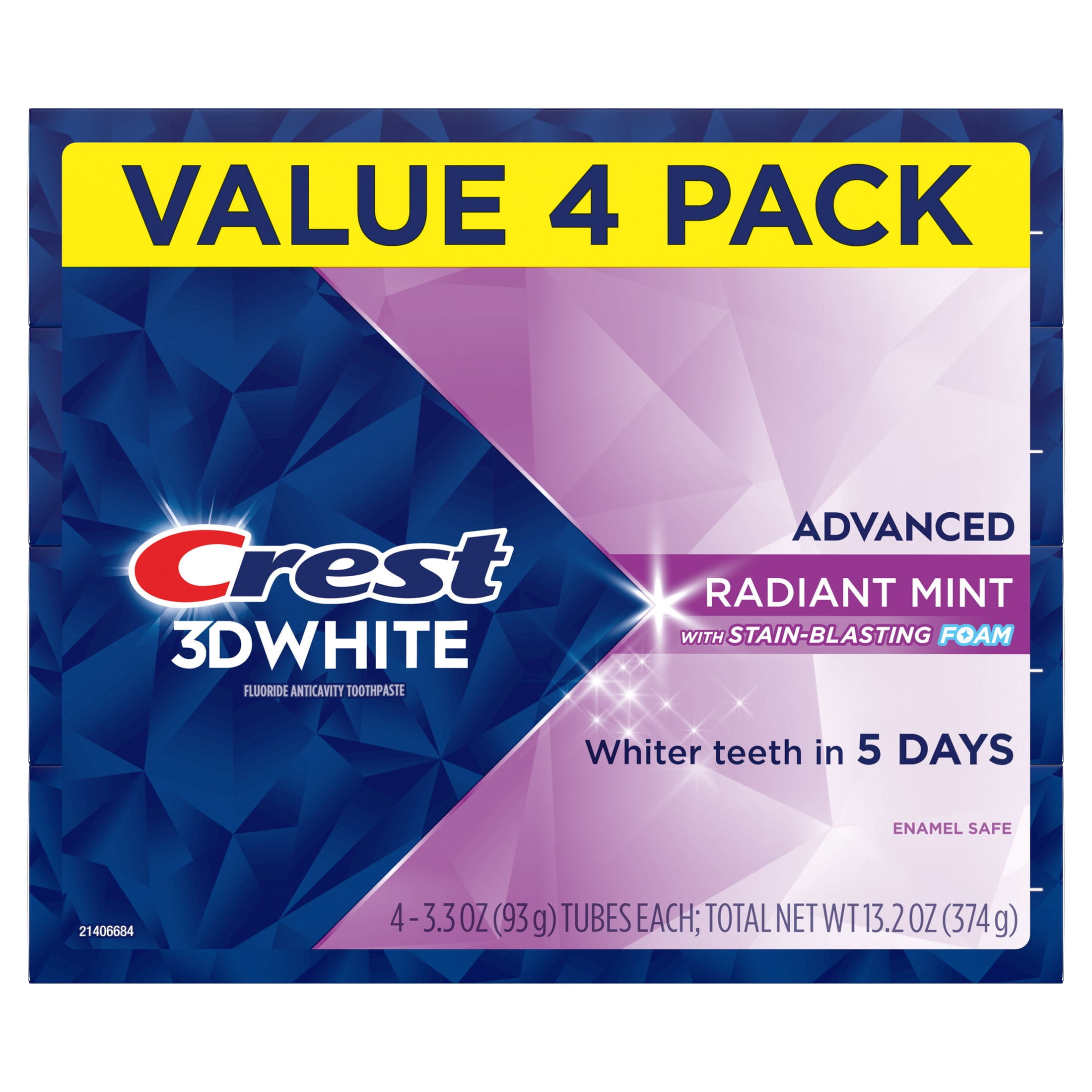 Crest Toothpaste, 3DWhite Advanced Whitening Toothpaste, Radiant Mint Flavor, 3.3 oz, 4 Pack