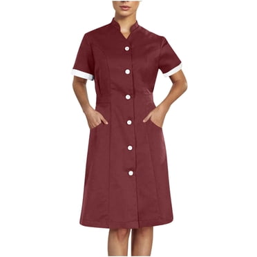 Bocqde Robes de Travail pour Femmes Décontractées Couleur Unie Manches Courtes Uniforme de Travail Infirmière Poches Extensible Col en V Vêtements de Travail de Vacances