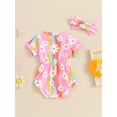 thumbnail image 3 of Suealasg Newborn Girls Summer Romper +Headband Infant Short Sleeve Crew Neck Stripes Floral Print One Piece Bodysuit 3 6 9 12 18 Months Baby Girl Clothes, 3 of 6