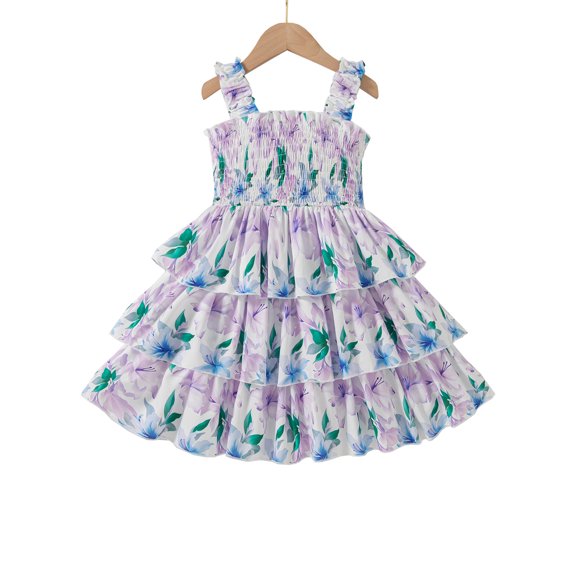 4T Baby Girls Dress 5T Girls Sleeveless Dress Flower Print Off-the-shoulder Toddler Girls Summer Layered Dress Purple