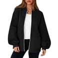 thumbnail image 5 of Women's Zip Up Sweatshirts No Hood Long Sleeve Solid Sweatshirts Casual Spring Fall Lightweight Oversized Bomber Jackets, 2XL, 5 of 7