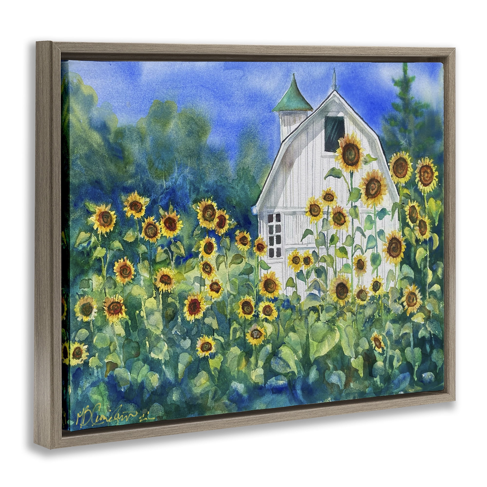 Stupell Industries Tall Sunflowers & Country Barn Landscape Painting Brown Floater Framed Canvas Art Print Wall Art, 21 x 17