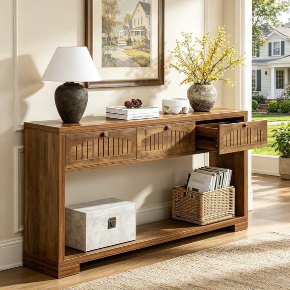 Fnova 70.8" Farmhouse Console Table, 3-Drawer Narrow Entryway Table with Open Shelf, Long Narrow Sofa Table for Living Room, Hallway, Foyer