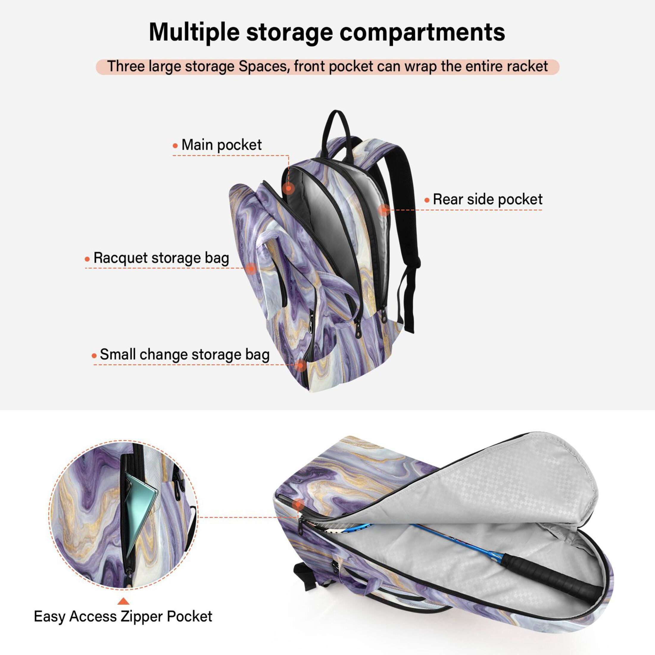 2 Racquet Holder Tennis Backpack Tennis Racket Covers Gym Bags Purple Marble Pattern