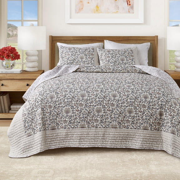 Floral Quilt Set - Lightweight, Soft, All-Season - 2-Piece Reversible Floral Bedding Set (Twin / Twin XL, Neutral Vines)