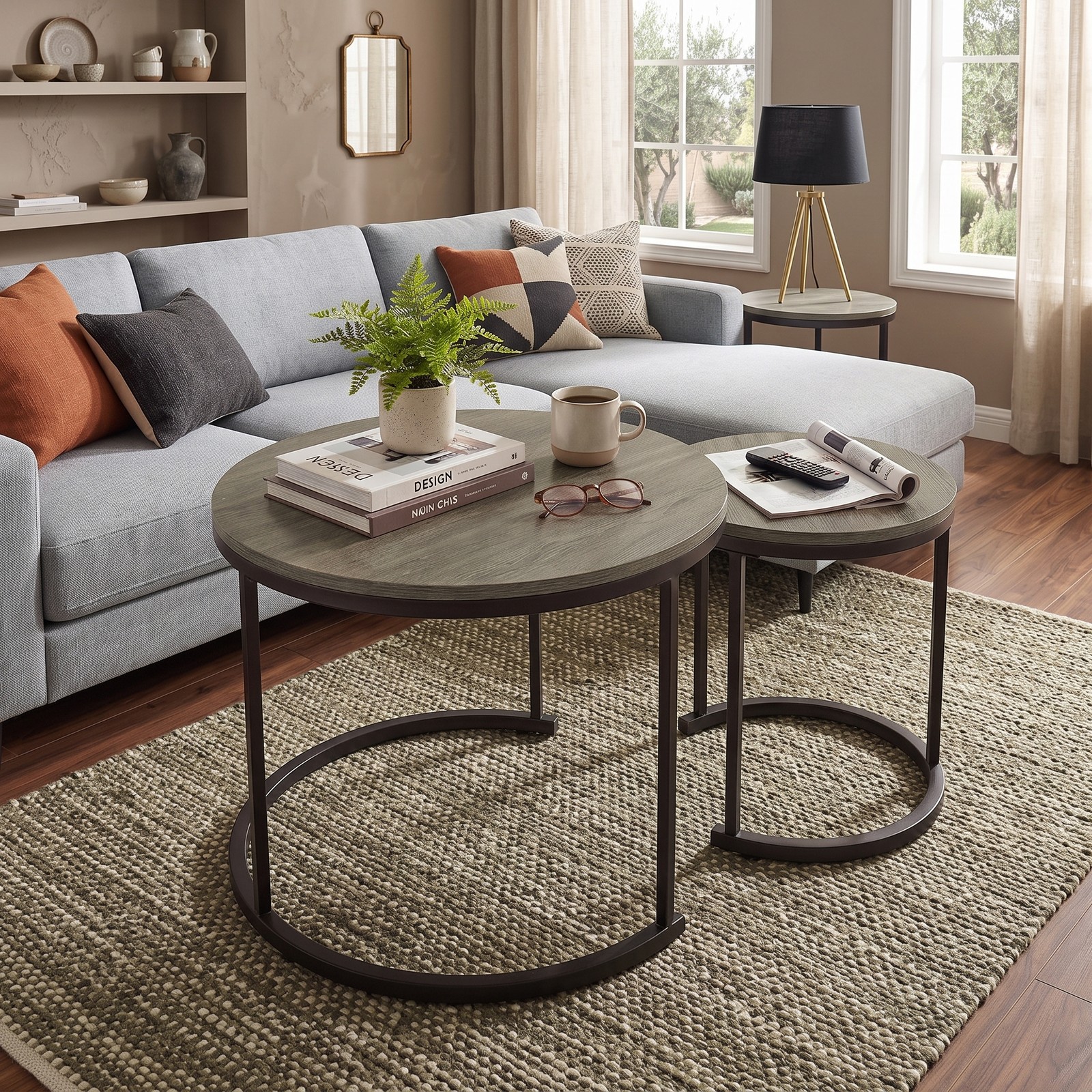 Furnibear Set of 2 Modern Round Nesting Coffee Tables, Stackable Space-Saving Side End Tables with Powder-Coated Steel Frame for Living Room Bedroom, Oak