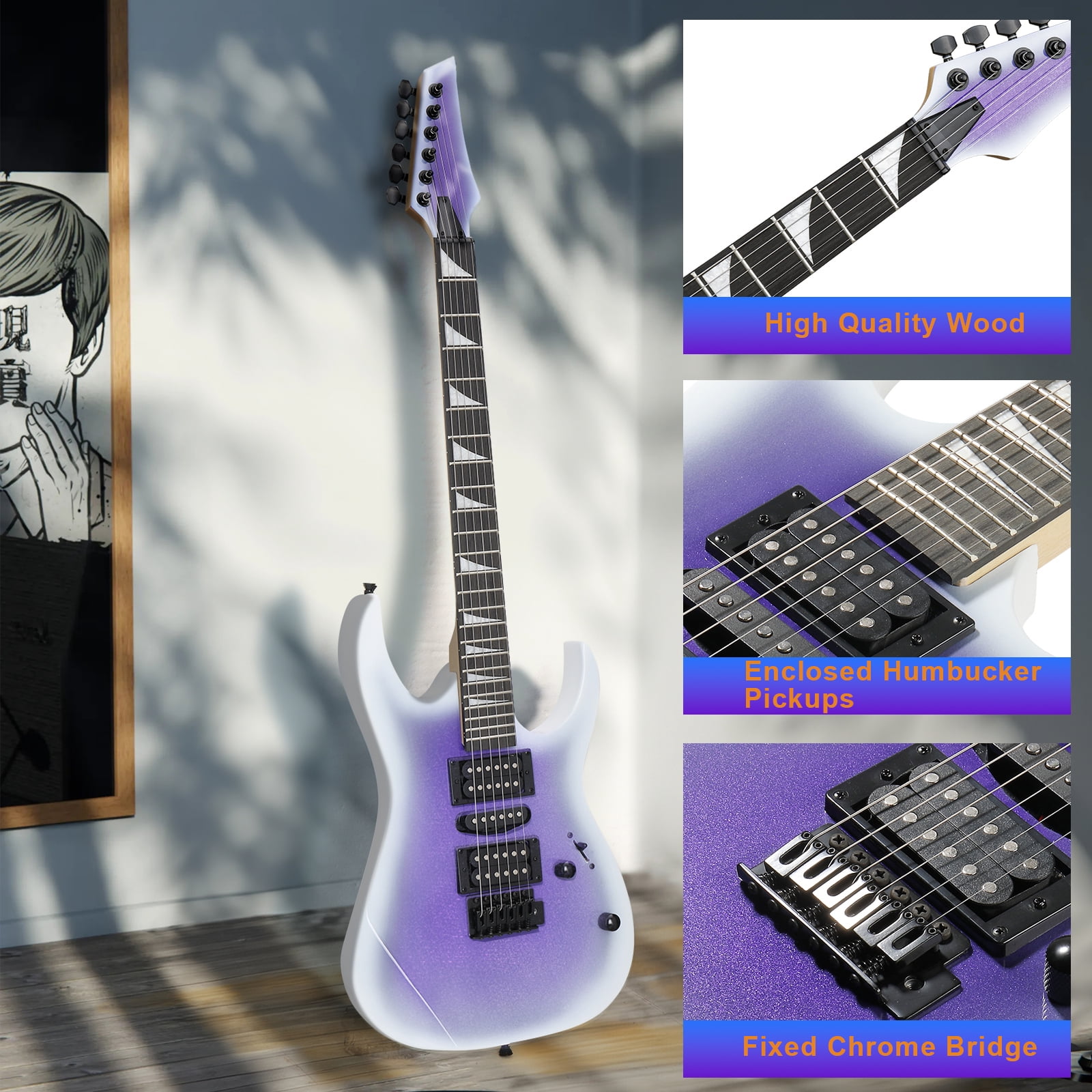 Astoutdoor 170 Style Electric Guitar, Purple, HSH Pickups, Right Handed, 24 Frets