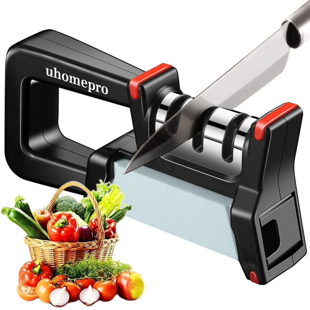 Knife and Scissor Sharpener, 2021 New Kitchen Knife Sharpener, 3-Stage Knife Sharpening System, Non-Slip Base Kitchen Knife Sharpener, Easy to Use, Black, I3613