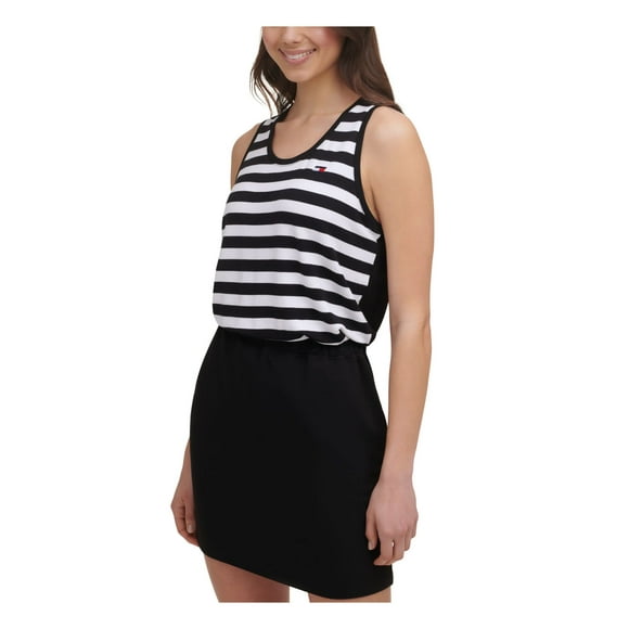 Tommy Hilfiger Sport Womens Black Stretch Striped Sleeveless Scoop Neck Mini Sheath Dress M