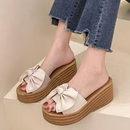 

Women Bowknot Beach Summer Slippers Platform Slope Heels Plus Size Shoes