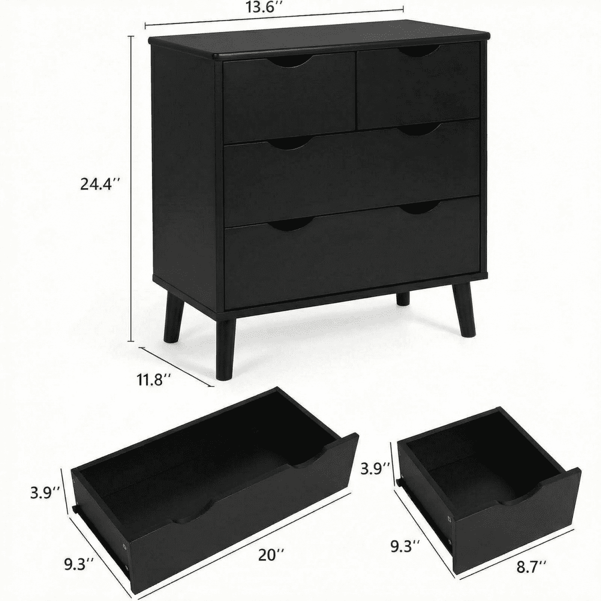 RichYa 4 Drawer Dresser for Bedroom Wood Storage Dresser Black Sofa Table Nightstand Chest of Drawer