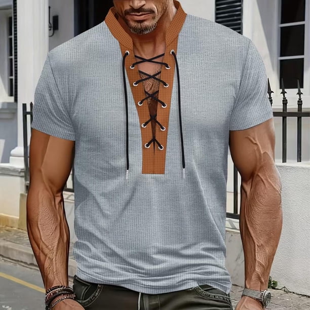 pstuiky Mangas cortas para hombre, Camiseta de manga corta con cuello alto, cordón en el pecho y colores lisos para hombre camisas casuales para hombre s