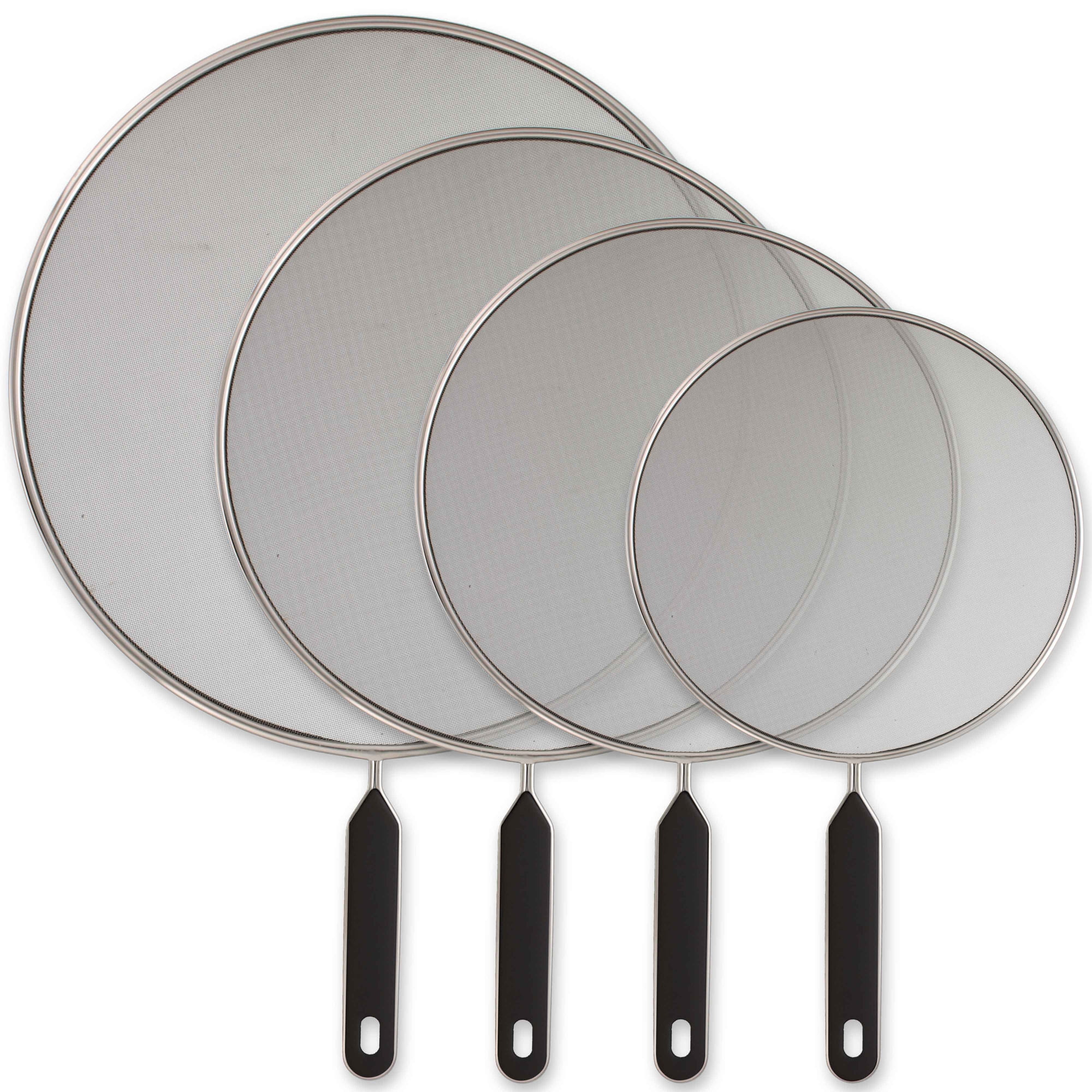 U.S. Kitchen Supply Set of 4 Classic Splatter Screens, 13", 11.5", 10", and 8" - Stainless Steel Fine Mesh, Comfort Grip Handles - Use on Boiling Pots Frying Pans - Grease Oil Guard, Safe Cooking Lid