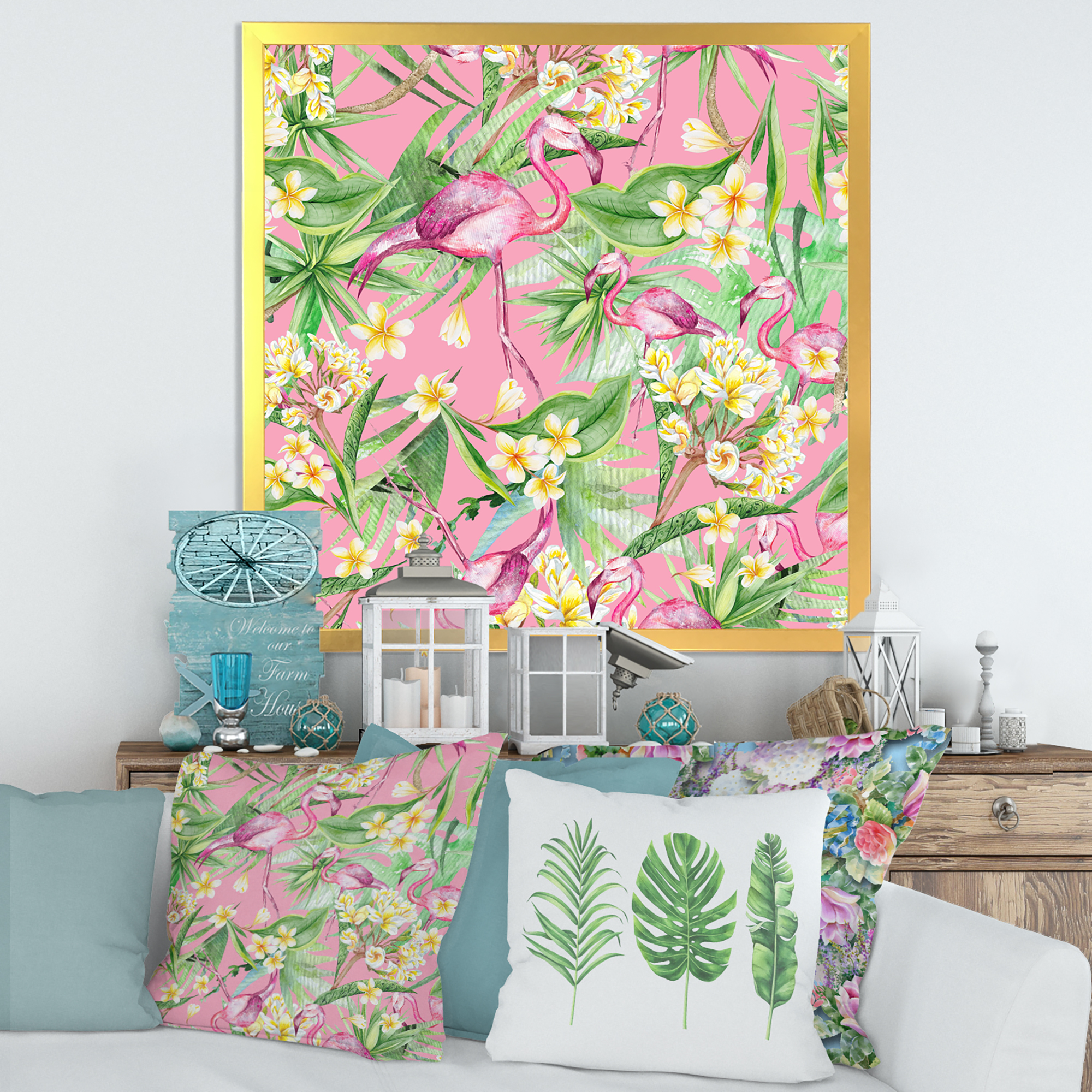 Designart 'Yellow Flowers, Tropical Foliage With Flamingo III' Modern Framed Art Print