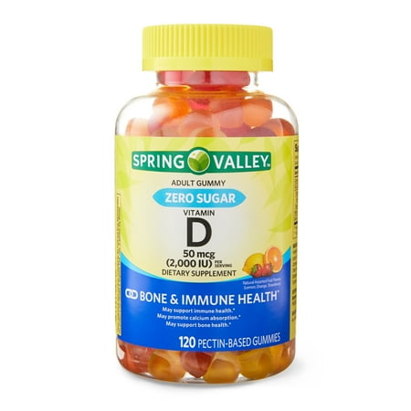 Spring Valley Zero Sugar Vitamin D, 2,000 IU Adult Pectin-Based Gummies, Assorted Fruit, 120 Count