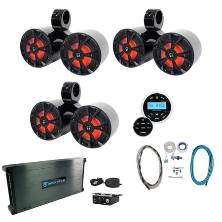 3) Rockville RKL65MBW 6.5 Marine Dual Wakeboard Tower LED Speakers+Amp+Receiver