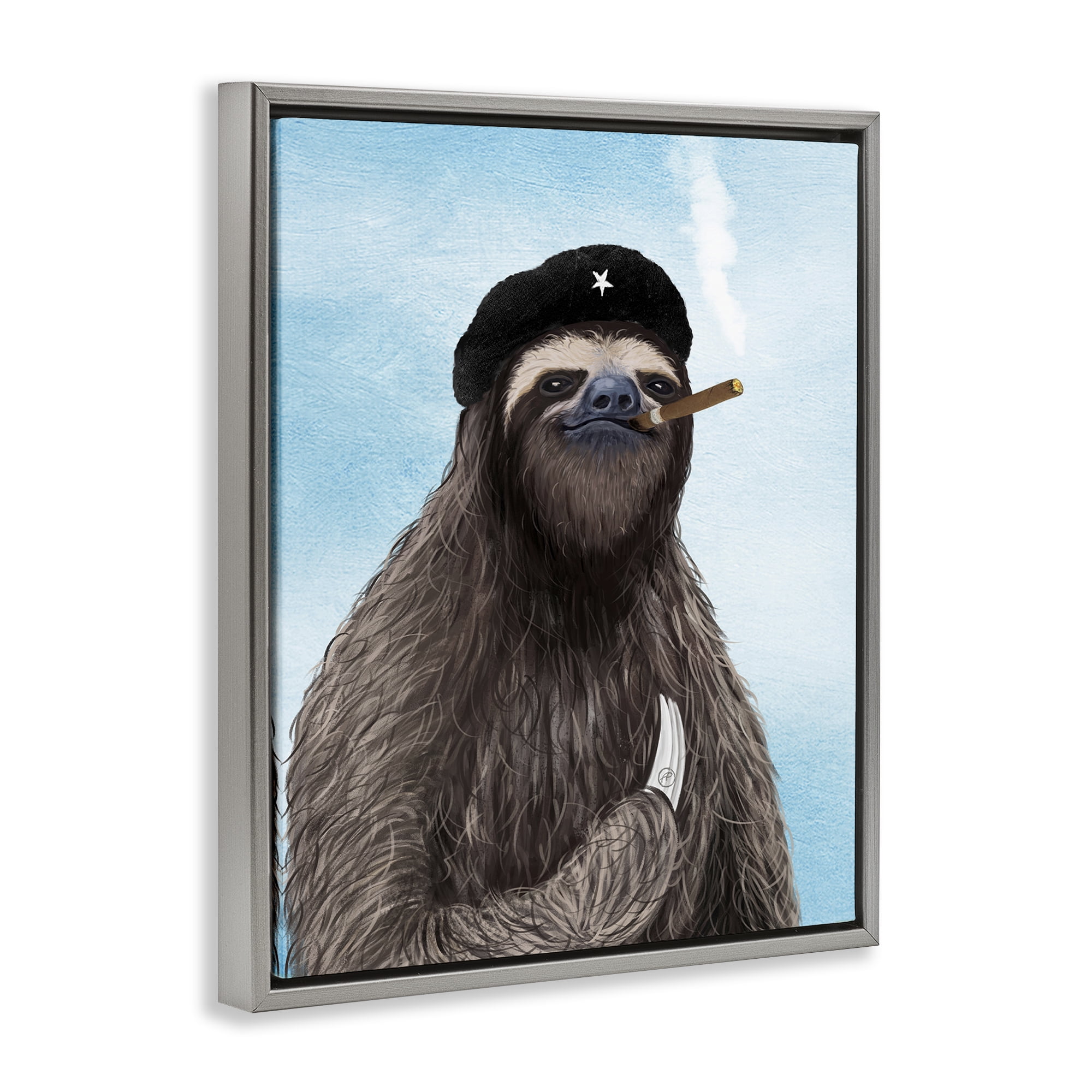 Stupell Industries Captain Sloth & Cigar Novelty & Humor Painting Gray Floater Framed Canvas Art Print Wall Art, 25 x 31