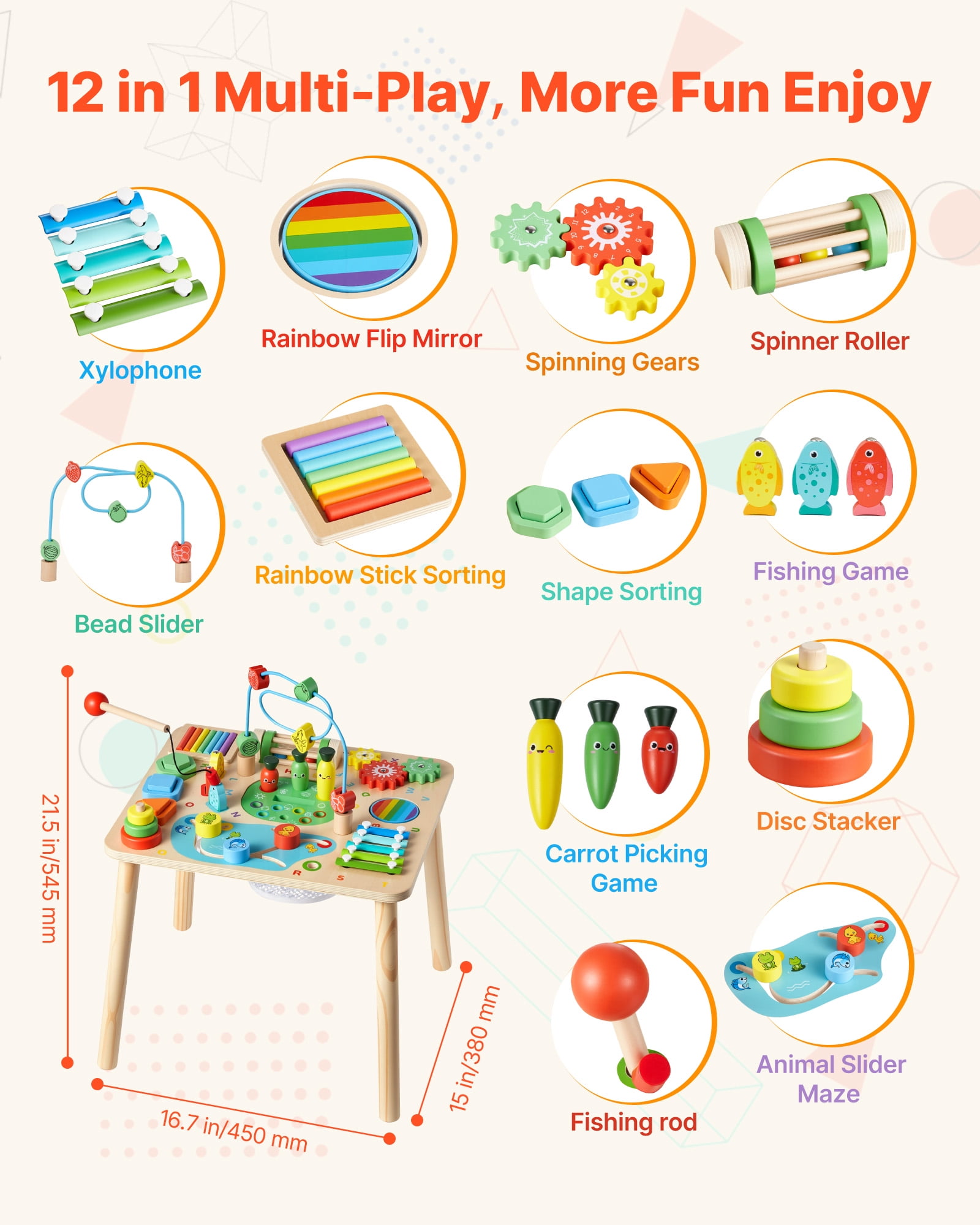 VEVOR Montessori Activity Table for Toddler 1-3 Years Old, 13 in 1 Wooden Learn Activity Desk, Baby Play Table for Boys & Girls Aged 6+ Months, Great Birthday, Christmas, Children's Day Present
