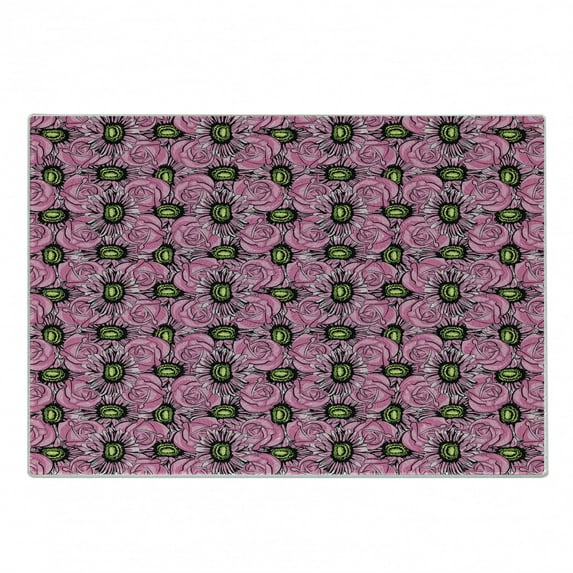 Garden Art Cutting Board, Roses and Gerbera Flowers Pattern Illustration with Botanical Inspirations, Decorative Tempered Glass Cutting and Serving Board, Small Size, Pink Pale Green, by Ambesonne