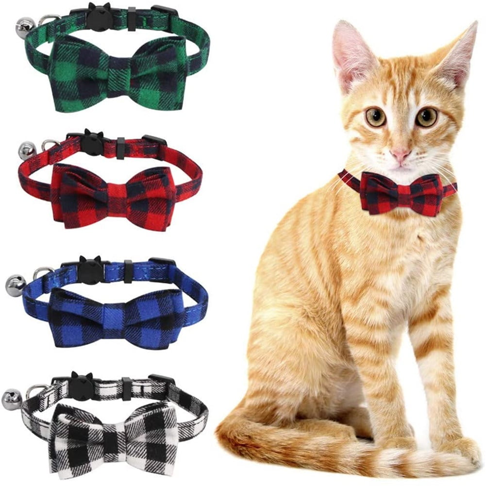 1PC Breakaway Pet Collar with Bell and Bow Tie Plaid Pet Collar for Cats and Small Dogs Pets Adjustable from 8-11In 