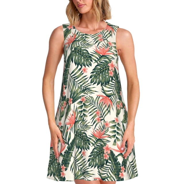 Balery Palm Trees and Tropical Vestidos de verano para mujer con estampado: vestido holgado sin mangas, vestido playero informal y cómodo para días calurosos.