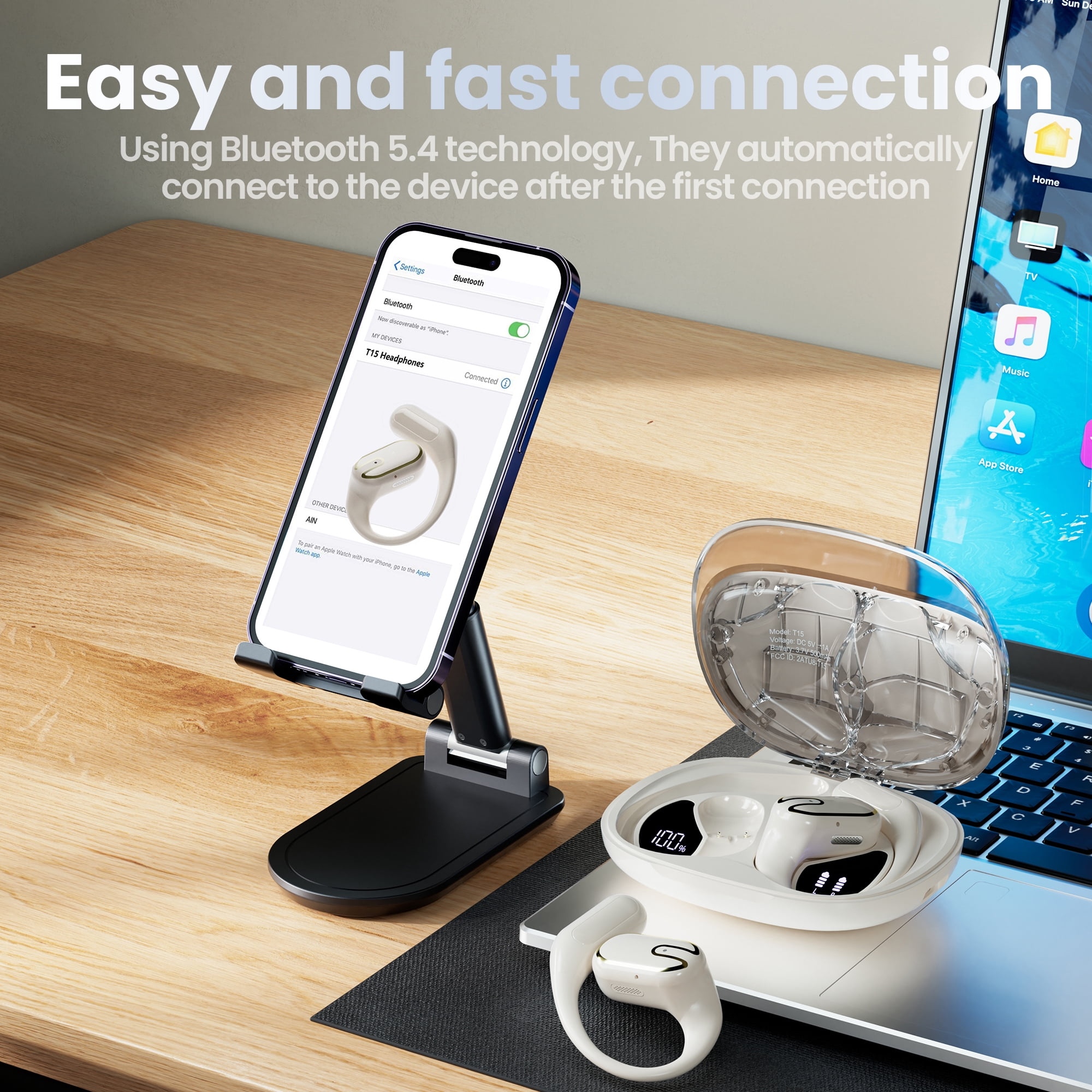 Open Ear Headphones, TPUFO Bluetooth 5.4 Earphones Stereo Sound, Wireless Headphones 80 Hours Playback, Clear Calls, IPX7 Waterproof Open Ear Earbuds with 18.2mm Drivers