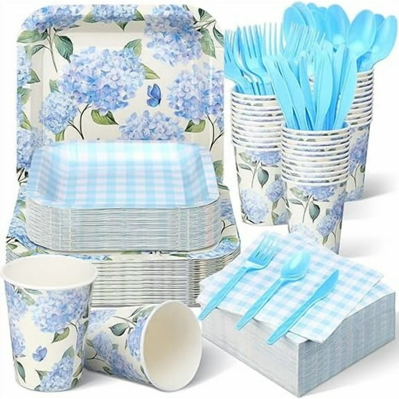 350 Pcs Paper Plates and Napkins Set Disposable Dinnerware Party Supplies Tableware Serve 50 Guest Cups Knife Forks Spoon(Blue,Hydrangea Floral)