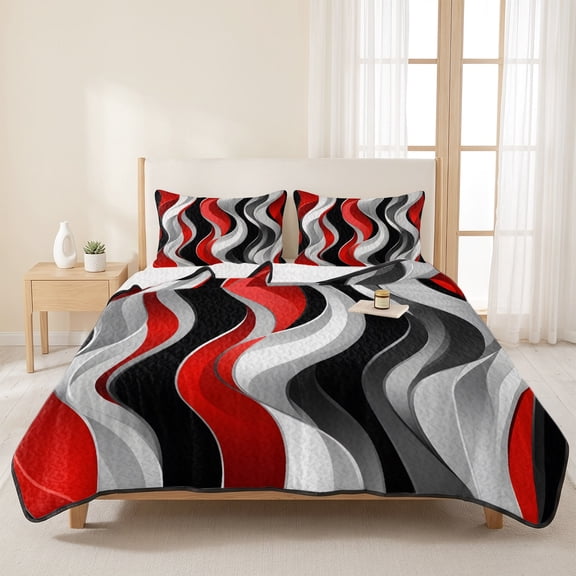 Queen Quilt Set, Abstract Red Black Distort Striped Lightweight Quilt Sets Summer Comforter Coverlets with 2 Pillow Shams, Classic Geometric Art Breathable 3 Piece Bedding Set for All Seasons