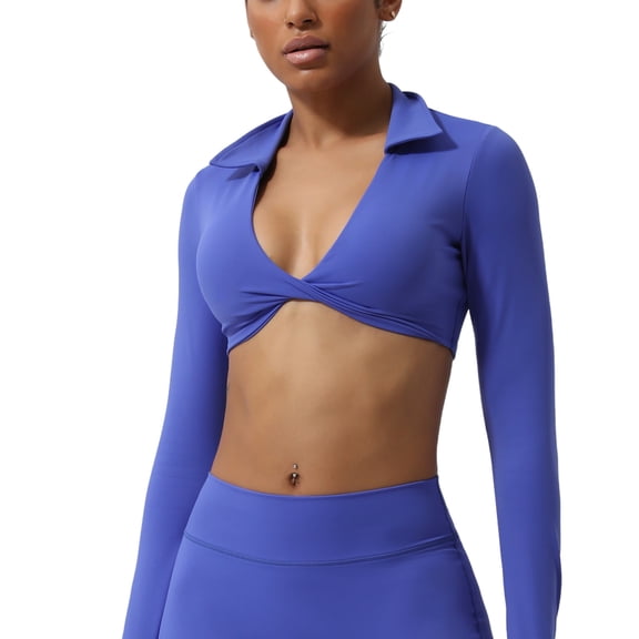 Women's V Neck Sports Bras Workout Running Athletic Bra Long Sleeve Crop Tops Metamorph Sienna Twist Deep V Workout Cropped T Shirt Top with Compression for Yoga Pilates Gym Outfit