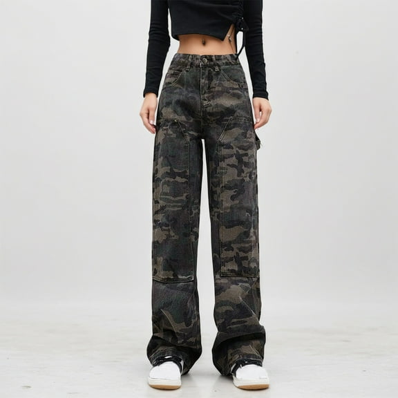 Camo Pants Women High Street Hop Straight Wide Leg Trousers Comfortable Fall Outdoor Loose Womens Casual Pants Camouflage L
