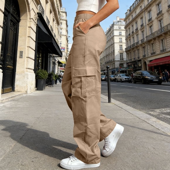 TaTaai Women Solid Color Loose Fit Cargo Pants Straight Leg Long Pants With Pockets Lightweight Breathable Soft Fabric Machine Washable No Fading Daily Outdoor Street Wear Gift