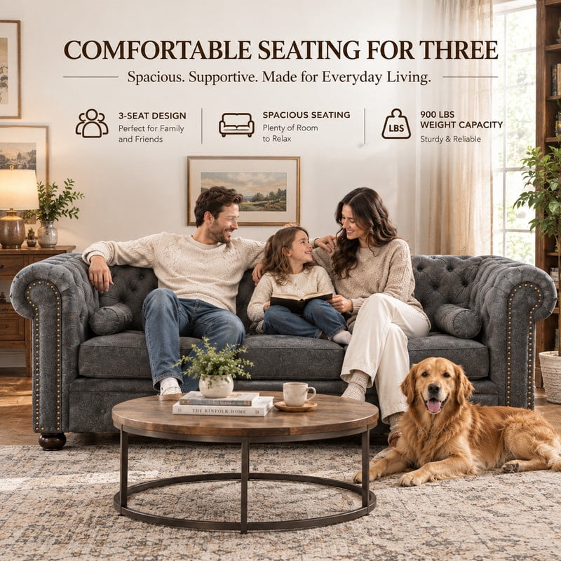 Anpport 81" Rolled Arm Chesterfield Sofa, Faux Leather 3 Seater Couch, Button Tufted, Nailhead Trim & Solid Wood Legs for Living Room & Office, Dark Grey