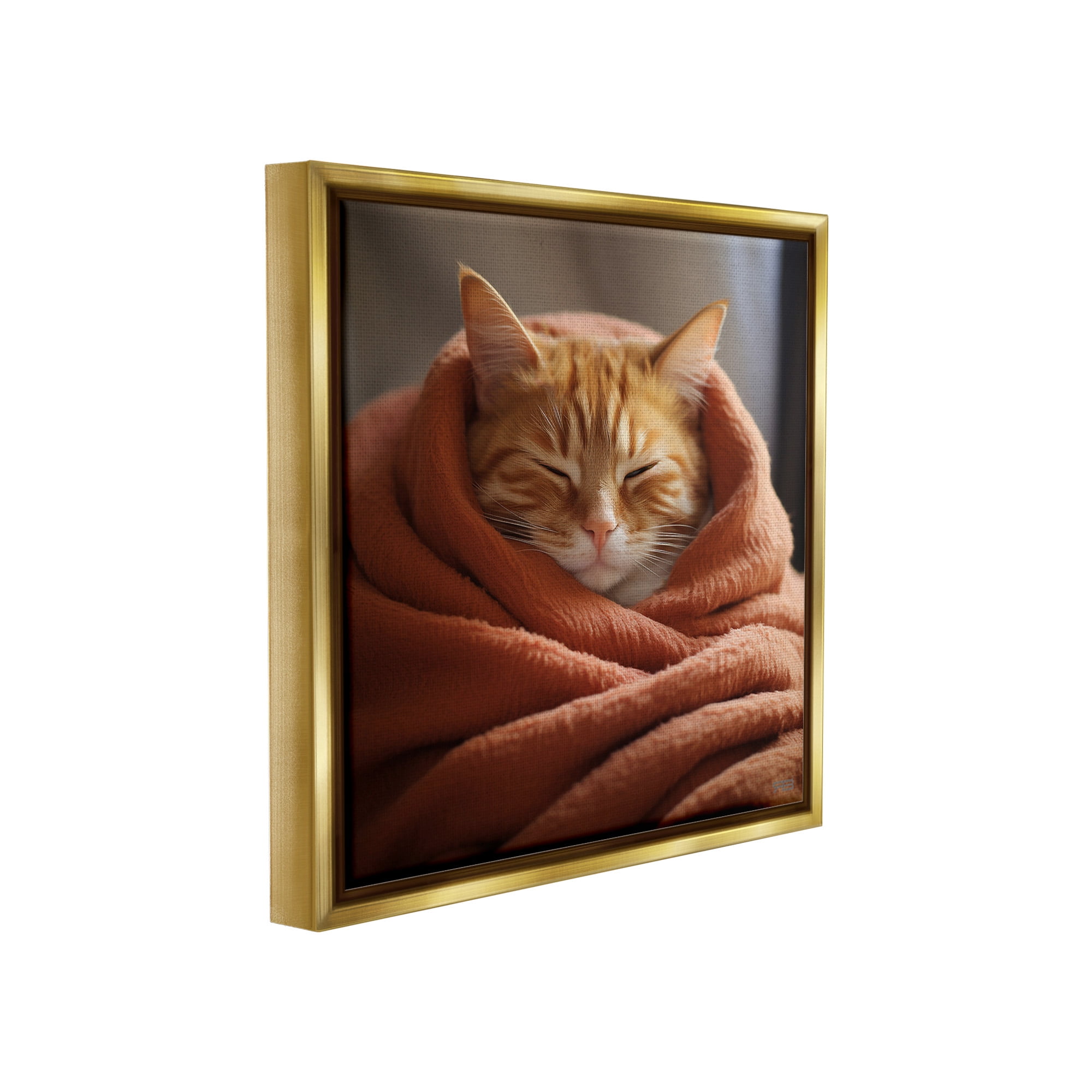 Stupell Industries Cuddling Sleepy Cat Animals & Insects Painting Gold Floater Framed Canvas Art Print Wall Art, 18 x 18