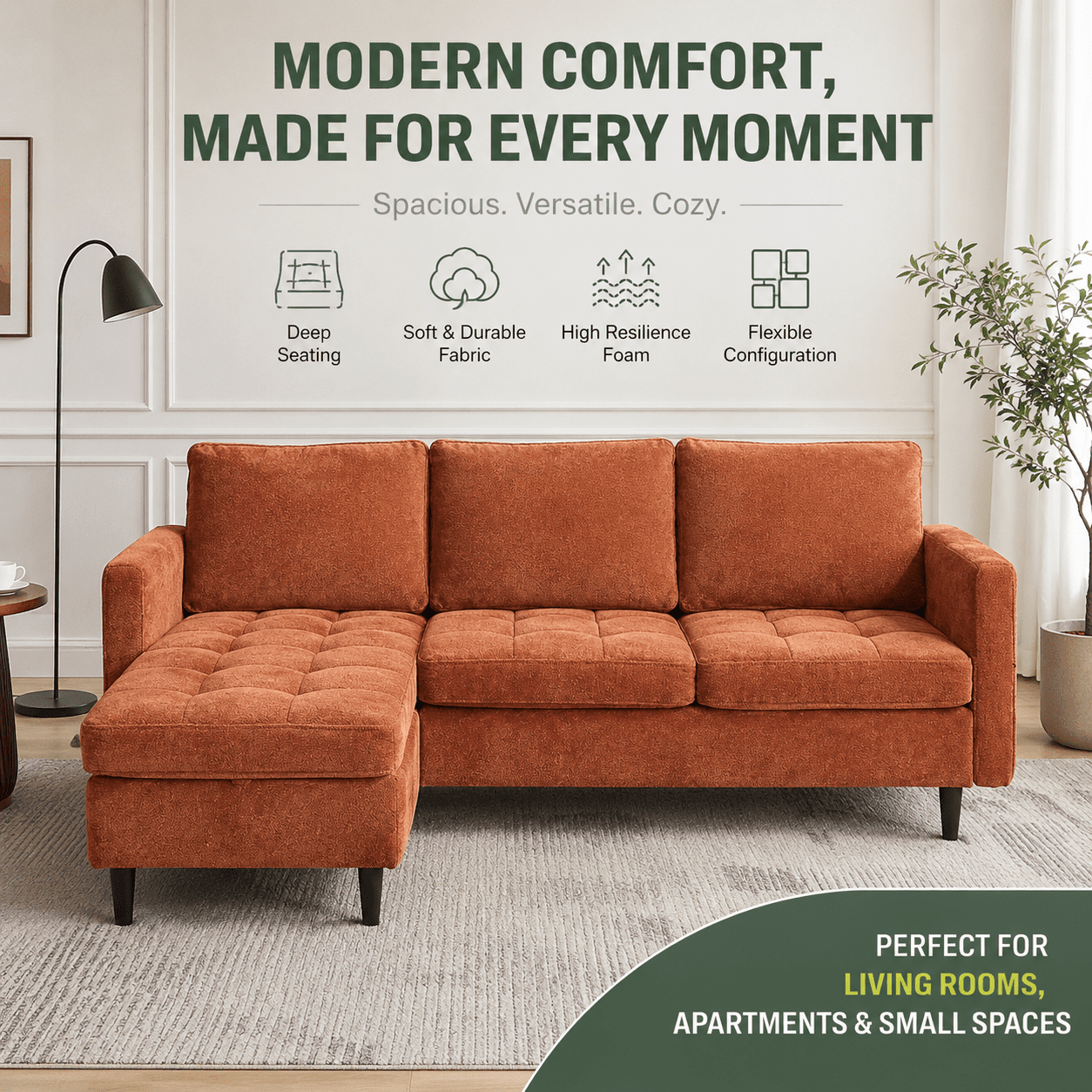77.6" 4-in-1 L-Shaped Sectional Sleeper Sofa, Chenille Modular Couch with Storage Chaise, Usb/Type-C Ports & Side Pocket, Tangerine
