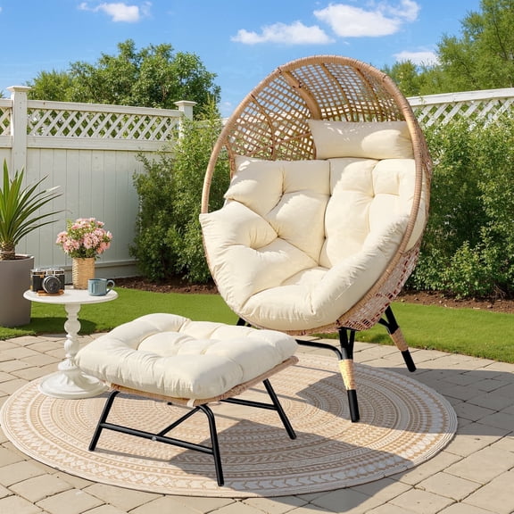 RADIATA Patio Egg Chair with Foot Rest, Oversized Rattan Egg Shaped Chair with Cushion, 440lbs Weight Capacity for Indoor Outdoor Patio Balcony, Beige