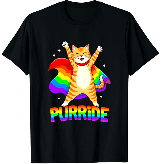 Purride Rainbow Striped Cat Stars Pride LGBTQ Unisex T-Shirt