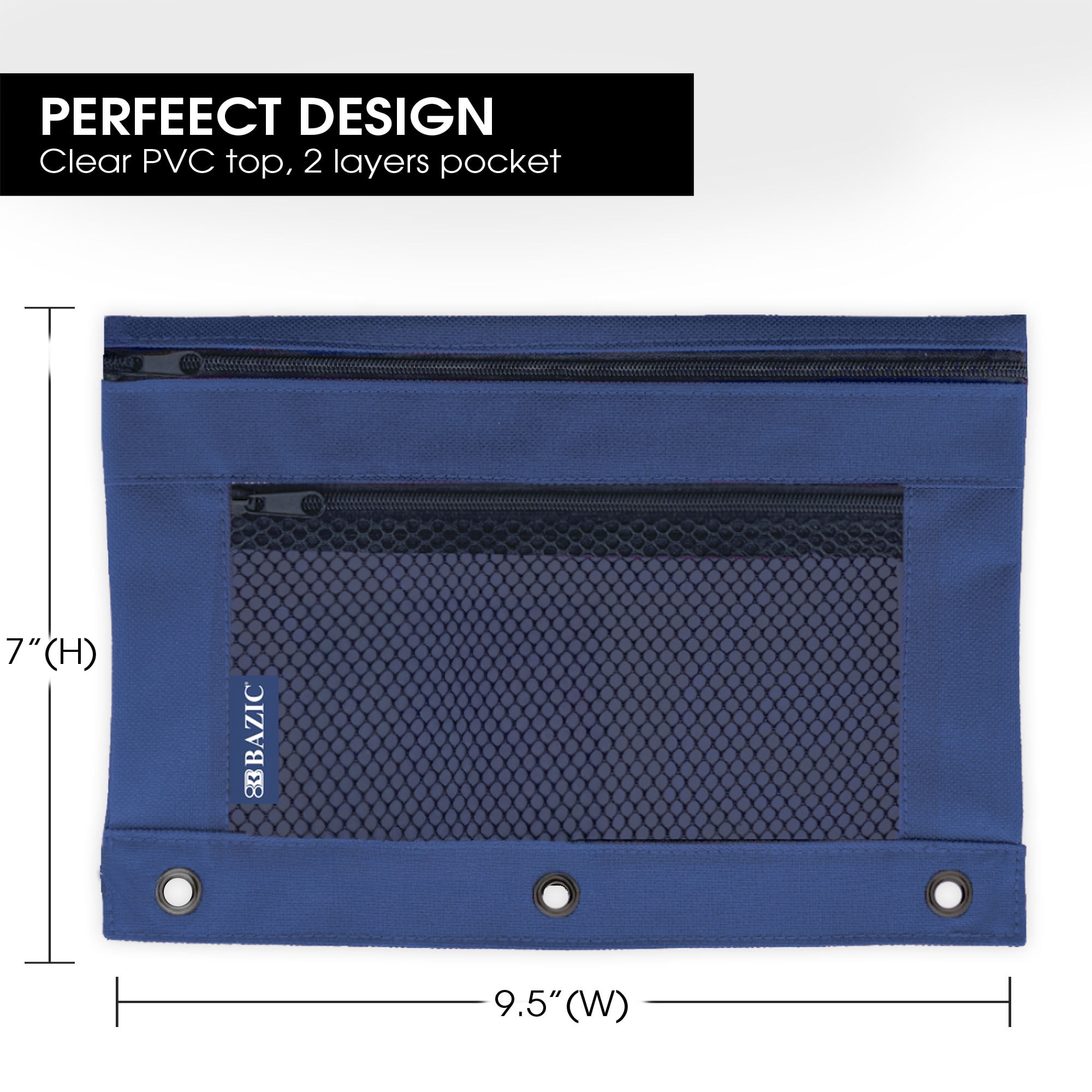 BAZIC 3 Ring Pencil Pouch, Mesh Window, Double Zipper, Assorted Color, 24-Pack