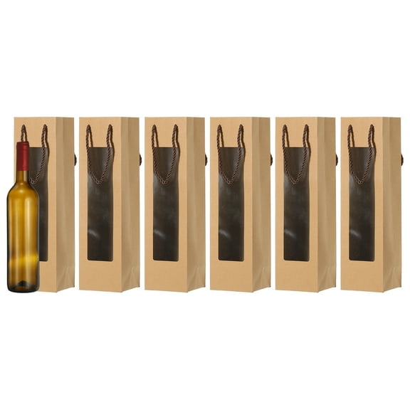 Uxcell 13.7" x 3.7" x 3.5" Wine Gift Bag, 6Pcs Bottle Kraft Paper Wine Bags Gift Tote Carrier Bottle Bag with Handles Bulk for Wedding Party Supplies, Birthday Holiday, Brown