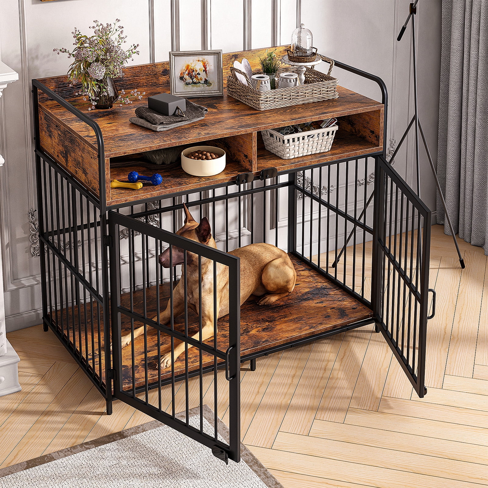 Large Furniture Dog Crate, Dog Kennel Indoor, Wood Dog Cage Table with Drawers Storage